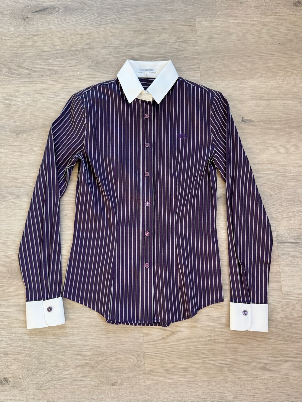 Nara Camicie purple pinstripe contrast collar fitted button-down shirt size 0